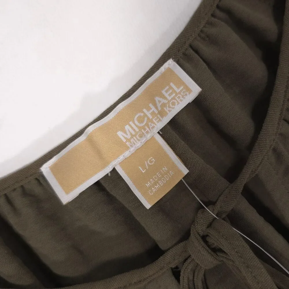 MICHAEL KORS Women’s New Top Blouse LARGE Olive Bell Sleeve Casual QS540USDQ0